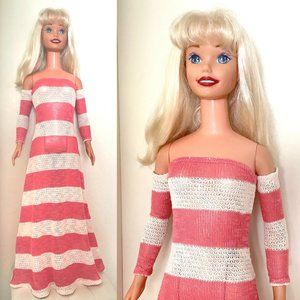Long Striped Crochet Dress for My Size Barbie Doll. White-pink. New